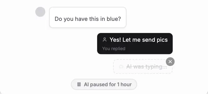 Maxbound inbox showing the AI pausing while a human agent types a reply, with the 'AI paused for 1 hour' indicator visible