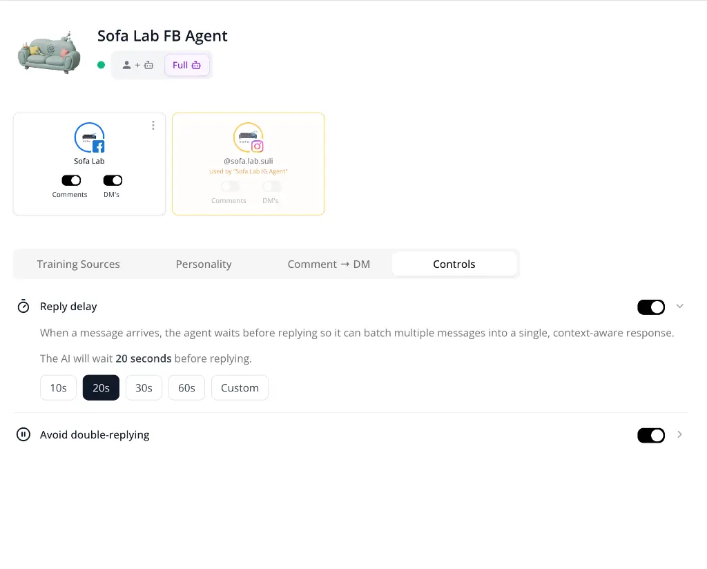 Maxbound agent settings showing reply delay configuration and avoid double-replying toggle