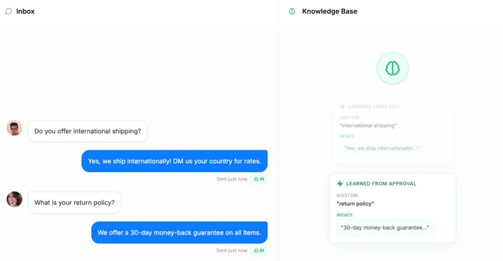 Maxbound Knowledge Base displaying learned responses from edits and approvals